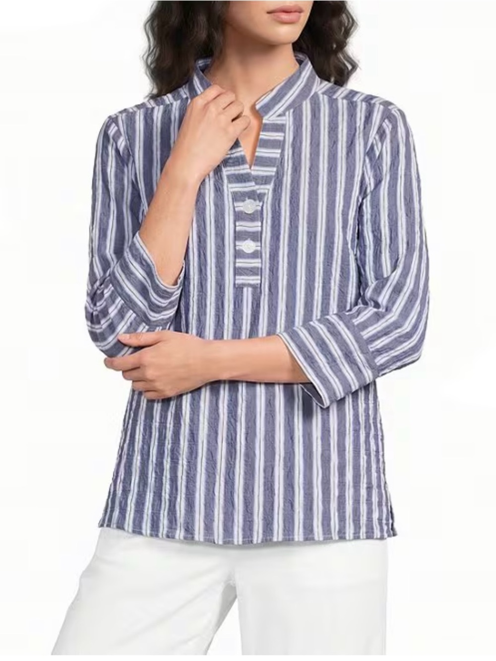 Ali Miles Woven Textured Stripe Banded Collar 3/4 Sleeve Top Shirt Sz XL EUC